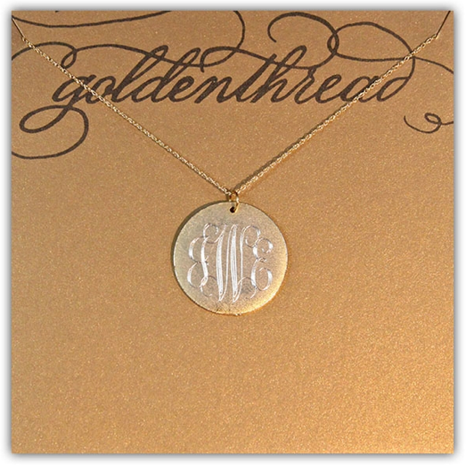 Golden Thread Antiqued Large Gold Disc Initial Necklace